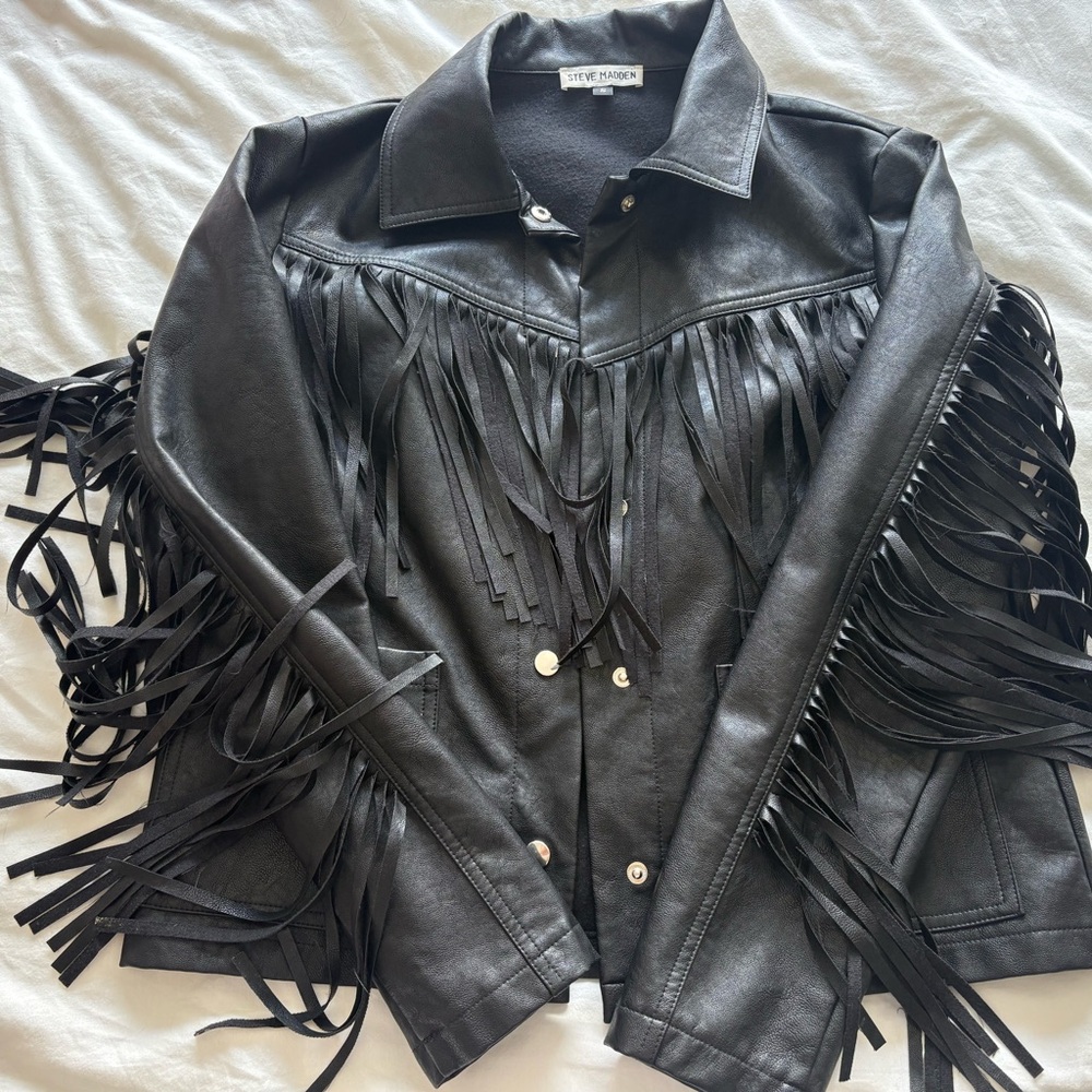 Steve Madden Black Leather Fringe Jacket
